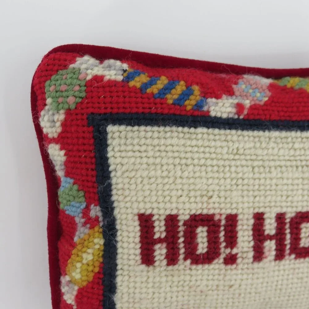 Ho Ho Ho Wool Needlepoint Christmas Candy Red Velvet Holiday Throw Accent Pillow